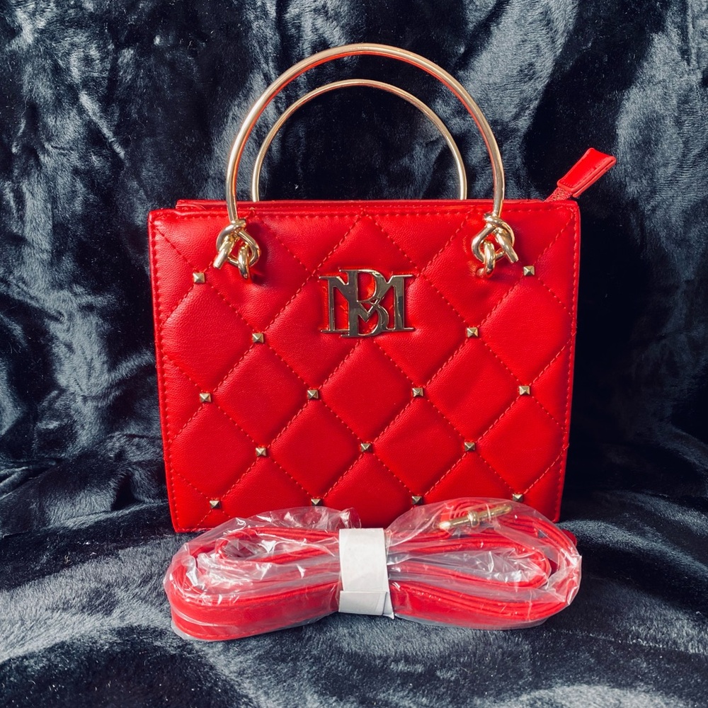 New Badgley Mischka bright red mini quilted tote crossbody bag